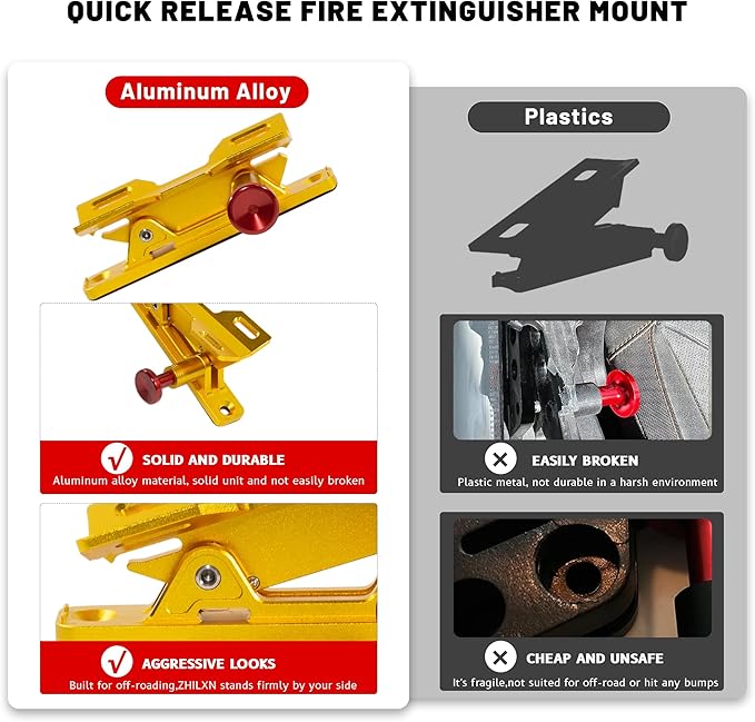 Quick Release Fire Extinguisher Mount – Gold Adjustable Aluminum Roll Bar Bracket Compatible with Car Jeep Wrangler (TJ/JK/JL/JKU), UTVs (Polaris RZR, Ranger, Can-Am X3), Trucks & Off-Road Vehicles