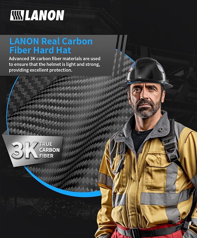 LANON Carbon Fiber Full Brim Hard Hat, OSHA Approved ANSI Z89.1 Hard Hats for Men, Construction Safety Helmet with Chin Strap, 6-Point Suspension, American Flag Design, Class C