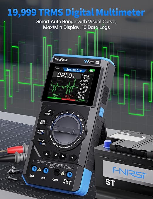 FNIRSI DST-210 Handheld Oscilloscope 10MHz Bandwidth, 19999 Counts, Digital Oscilloscope Multimeter DDS Generator 3IN1, 48MS/s Sampling Rate, AC/DC Voltage Current, Capacitor, Resistor, Diode Test