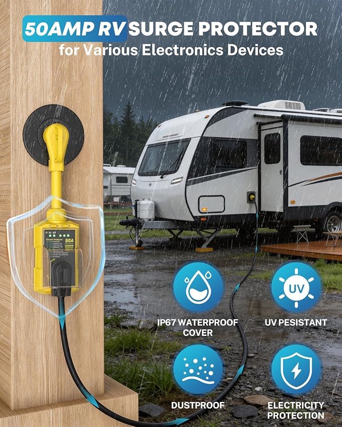 Kohree RV Surge Protector 50 Amp, Power Surge Voltage Protection Waterproof, Circuit Analyzer RV Adapter Plug for Travel Trailers Camper Outdoor, 50A 14000J-Yellow