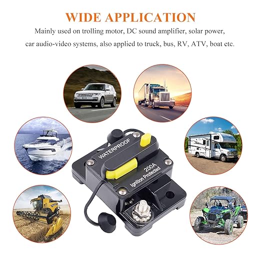 200 Amp Circuit Breaker with Manual Reset, DC 12V - 48V Circuit Protector for Marine Trolling Motor Car Amplifier RV Solar Truck ATV Inverter, Waterproof Surface-Mount Inline Fuse Holder