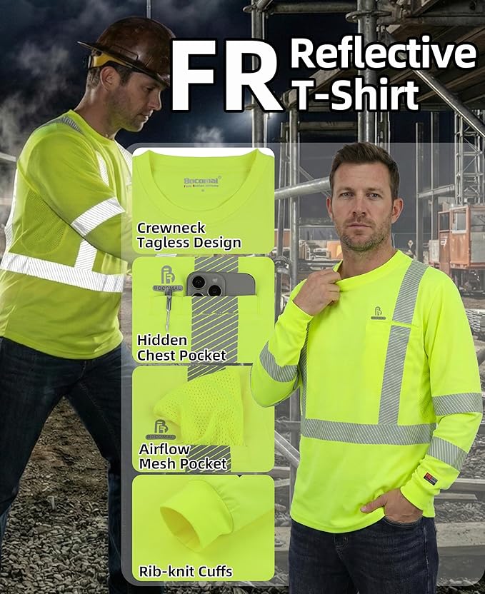 BOCOMAL Reflective FR Shirts High Visibility Summer Vented Mesh Long Sleeve Crewneck Lightweight Flame Resistant Workwear