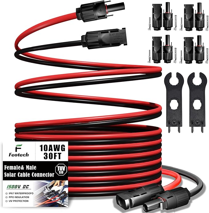 Twin Wire 30FT Solar Extension Cable - 10AWG (6mm²) Solar Panel Connector, with IP67-Male/Female Solar connectors for Outdoor Automotive RV Boat Marine Solar Panel- Black & Red