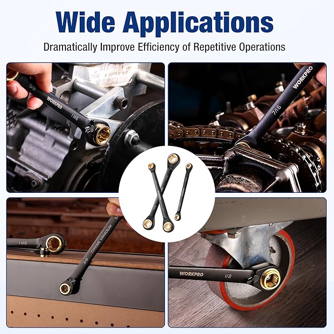 WORKPRO 3-Piece 4-in-1 Reversible Ratcheting Wrench Set, 12 Sizes in 3 Wrenches (1/4"-3/4"), SAE, Anti-Slip, Double Box End, 72-Tooth, CR-V, 6-Point, with Storage Bag - for Repair & Maintenance
