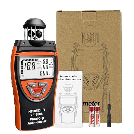 Handheld Wind Cup Anemometer,INFURIDER YF-8806 Digital Wind Speed Gauge Meter Shows Wind Temperature,Max/Min/Avg Air Volume,Wind Velocity/Direction w/Compass for HVAC Weather Monitoring