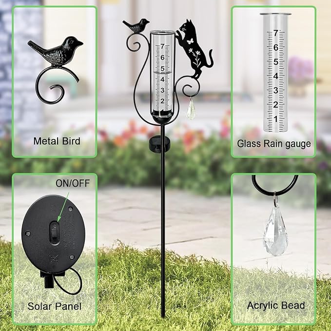 Rain Gauge Outdoor,Decorative Metal Black Cat and Bird Solar Light Stake with Rain Gauges Best Rated for Yard,Garden,Lawn, Pathway, 7" Glass Tube