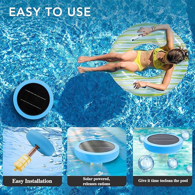 Solar Pool Ionizer - Enhanced with Latest Solar, 90% Less Chlorine, for Pools up to 45,000 Gal, Technology & Longer-Lasting Anode, Reduces Chlorine- Mineral-Based Pool Cleaning Device (Blue)