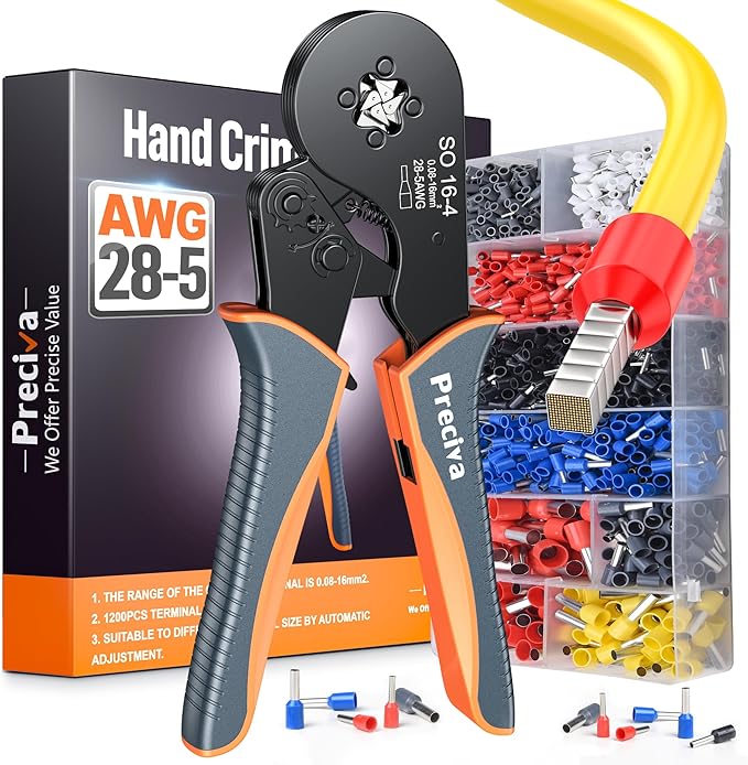 Preciva Ferrule Crimping Tool Kit, Square Crimping Tools, Ratchet Jaw Wire Crimping Pliers for AWG 28-5 with 1200 PCS Terminal Connector Sleeves