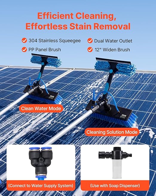 VEVOR Solar Panel Cleaning Kit, 24 ft, Water Fed Pole Kit with Cleaning Brush, Soap Dispenser, Extendable Aluminum Telescopic Pole, 180° Rotatable Brush Head, for Roof Mounted Solar Panels, Windows