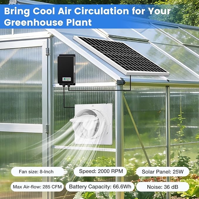 Solar Exhaust Fan, Solar Powered Vent Fan Kit for Outside Greenhouse Shed Chicken Coop (8" Fan with Battery)