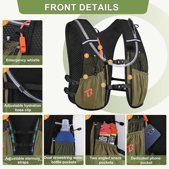 Running Vest Hydration Backpack for Men Women, 5L Lightweight Running Backpack Hydration Pack for Marathon, Trail, Cycling, Hiking, Jogging