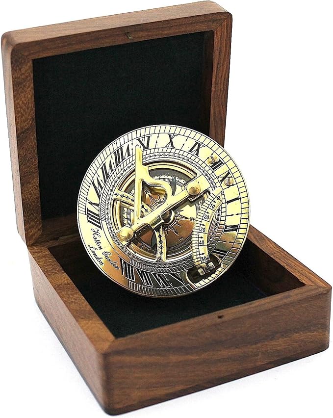 THOR INSTRUMENTS Solid Brass Sundial and Compass in Hardwood Box - Polished Brass Sundial Compass Rustic Vintage Home Decor Gifts
