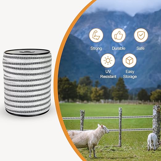 Upgraded Electric Fence Poly Tape with Reflective Strip, 656ft(200m) Horse Fencing Tape, 3/5"(15mm) Fence Tape, 4 x 0.18mm Strong Stainless Steel Conductors