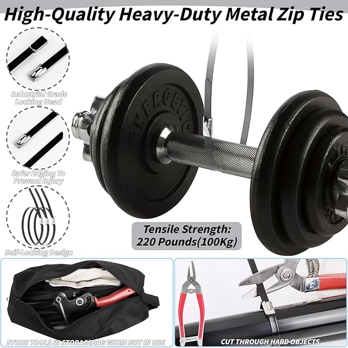 400PCS Metal Zip Ties Gun Kit, 6/8/12 Inch Heavy Duty Metal Zip Ties, Multi-Purpose Self-Locking Cable Tie Tool Set for Vehicles Farms Plants Fences Pipe Bundling, Scissors
