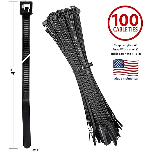 Bar Lok 4” Zip Ties – 100 Pieces, Black – Made in America – Weather, UV & Impact Resistant Plastic Cable Ties for Binding Bundling & Organizing Wire Cable & More – Indoor & Outdoor (4", 100ct)