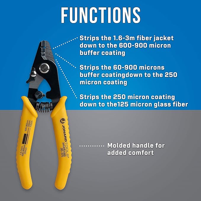 Jonard Tools JIC-375 Three Hole Fiber Optic Stripper – Strips 1.6-3.0mm Jacket, 600-900μm Buffer, 250μm Coating, Precision Tool with Angled Jaw and Safety Lock