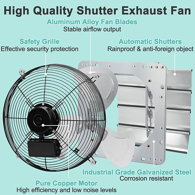 18 Inch Shutter Exhaust Fan with Thermostat and Speed Controller, 1736 CFM Powerful Wall Mounted Vent Fan for Attic, Greenhouse, Shed, Garage, Chicken Coop Ventilation, 2600 SQF Coverage Area