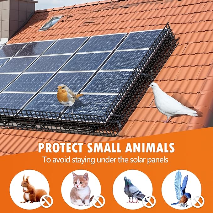 Solar Panel Bird Guard Mesh| 8in x 100ft Black PVC Coated Heavy Duty Galvanized Mesh Roll,70pcs Stainless Steel Clips Fasteners,Critter Guard Roll Kit for Solar Panel