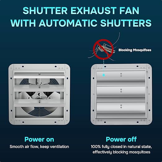 Simple Deluxe 14 Inch Wall Mounted Shutter Aluminum Exhaust Fan with Temperature Controller and Power Cord Kit, 1600 RPM, 1000 CFM, for Attic, Garage, Louvered Vent, Plant, Greenhouse, Silver