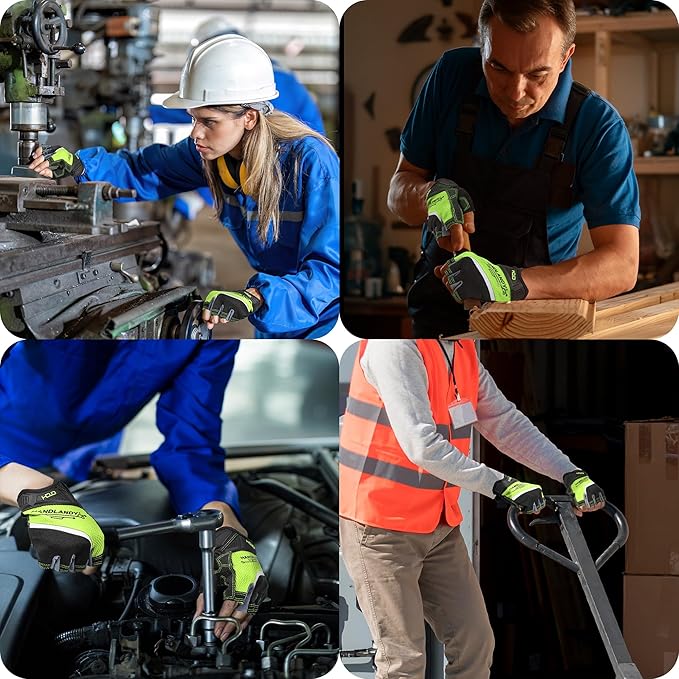 HANDLANDY Fingerless Work Gloves for Men Utility Padded Half Finger Driving Working Gloves (Small, Green)