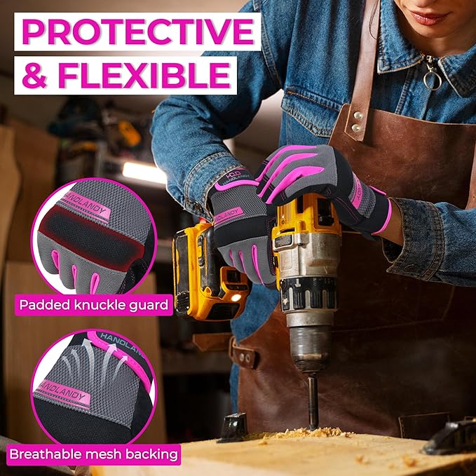 HANDLANDY Work Gloves for Women, Breathable Leather Gardening Glove for Yard Maintenance, Hand Protection with Touch Screen