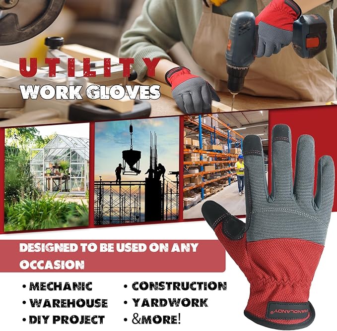 HANDLANDY Work Gloves for Men & Women, Utility Mechanic Working Gloves Touch Screen, Flexible Gardening Gloves for Yard