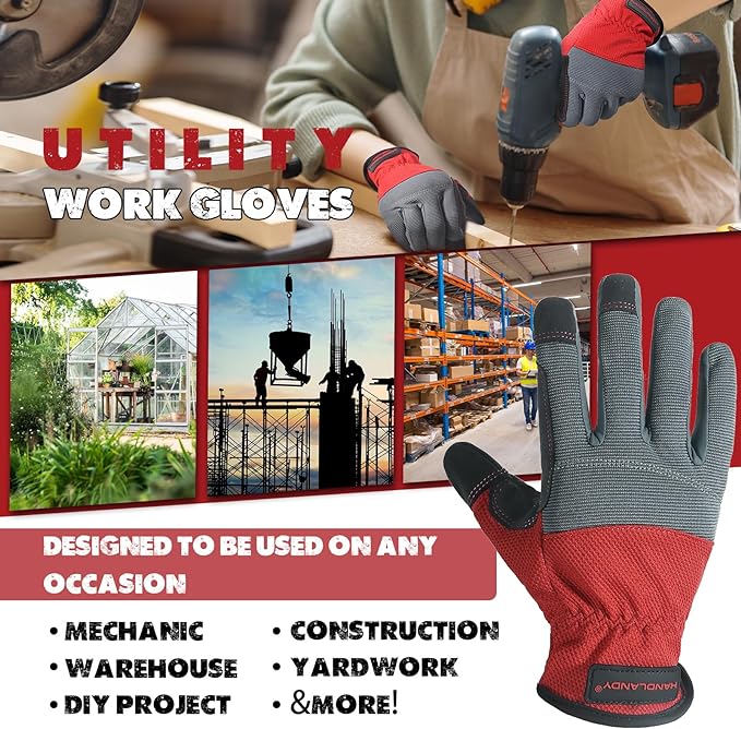 HANDLANDY Work Gloves for Men & Women, Utility Mechanic Working Gloves Touch Screen, Flexible Gardening Gloves for Yard