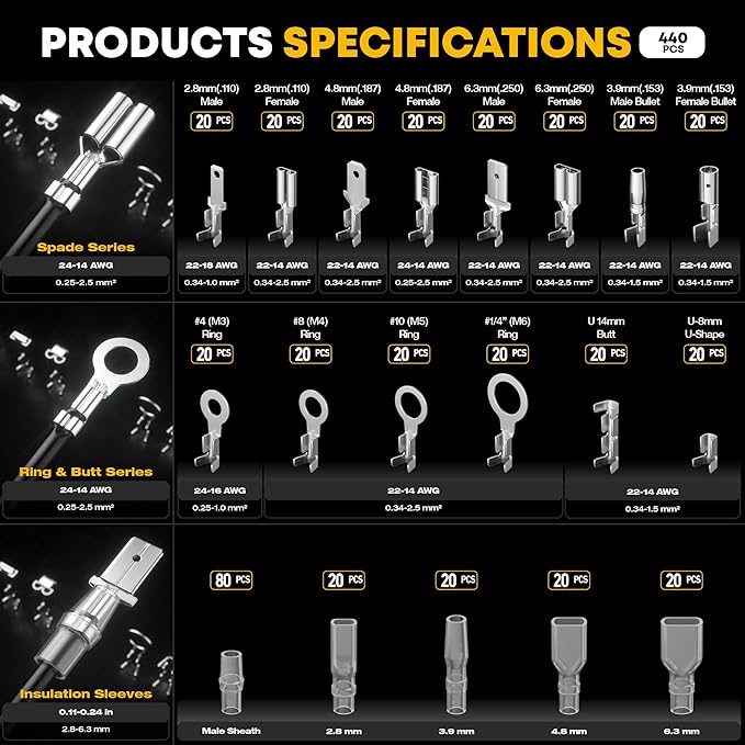 Crimping Tool Kit, 14-Type Open Spade & Quick-Disconnect Connector Set (2.8/3.9/4.8/6.3 mm) Non-Insulated Brass Terminals, 24–14 AWG Ratcheting Crimper, for Automotive, Marine, Appliance, DIY