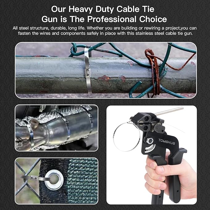 Stainless Steel Cable Tie Gun with 100 Pcs 11.8 inch Metal Zip Ties Tool, Heavy Duty Self-locking Cable Tie Gun Kit for Fastening and Cutting Fence Exhaust Pipe Outdoor