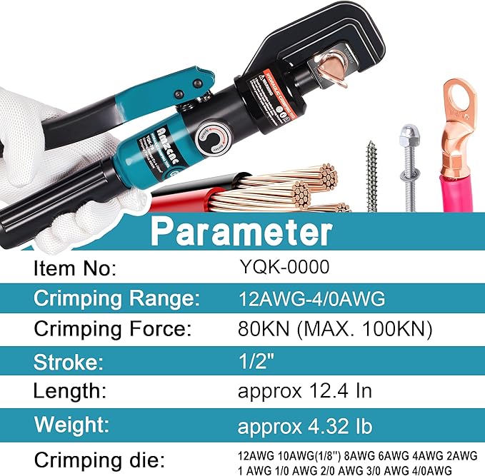 AMZCNC Hydraulic Crimping Tool, Battery Cable Crimper 12AWG–4/0AWG, 11 US Hex Dies, 10-Ton Hydraulic Crimper for Electrical Lugs, Copper & Aluminum Cable with Carrying Case (YQK-0000)