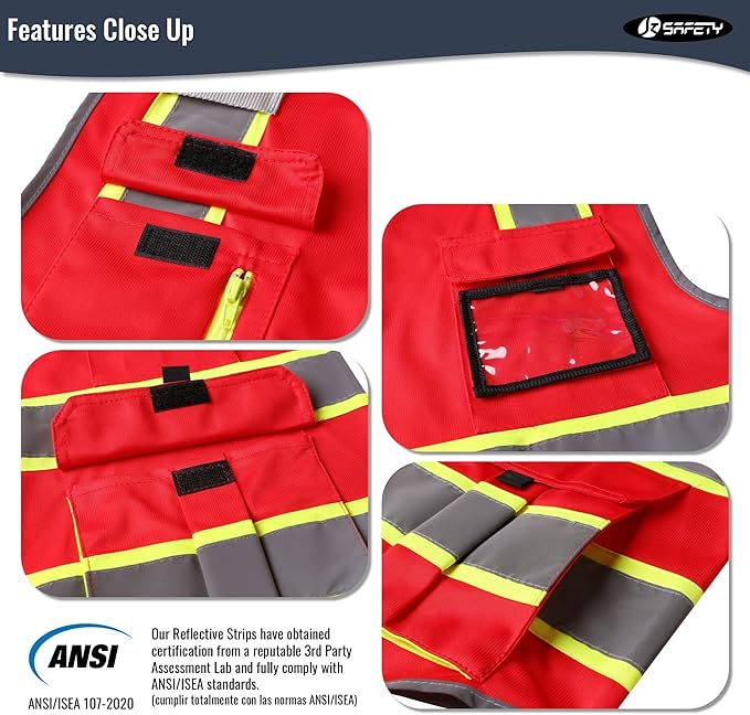 JKSafety 7 Pockets High Visibility Red Safety Vest for Men and Women Zipper Front with Hi-Vis Reflective Strips Meets ANSI/ISEA Standards (XX-Large, 130-Red)