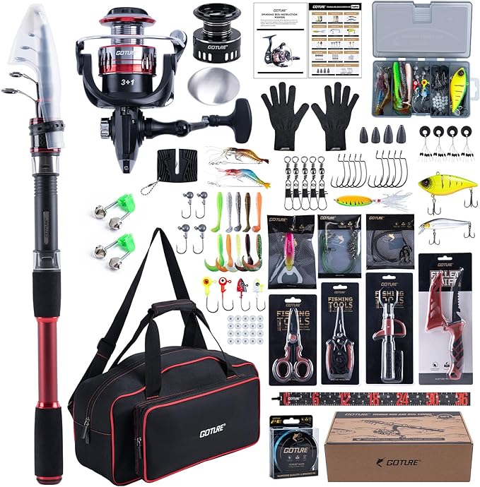 Goture Fishing Rod and Reel Combo, Red Telescopic Fishing Pole with Full Starter Kit & Carrier Bag, Portable 24T Travel Spinning Rod for Bass Trout, Freshwater Beginners Gift