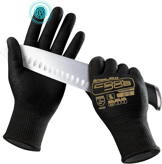 COOLJOB A3 Cut Resistant Fishing Gloves for Men, Touchscreen Safety Work Gloves with Grip Nitrile Rubber Coating for Glass Handling Wood Carving, Saltwater Fishing Gear, Black, Large, 1 Pair
