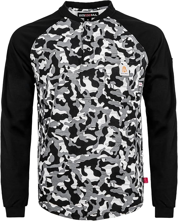 BOCOMAL FR Shirts 6oz Lightweight Flame Resistant Long Sleeve Henley Shirt Fire Retardant Workwear NFPA2112 CAT2
