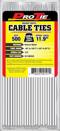 Pro Tie Heavy Duty Cable Ties, Self-Locking Nylon Cable Wire Ties for Indoor and Outdoor Use | 11.9-Inch, 120 lbs. Tensile Strength, Natural Nylon, 500-Pack (PN: N11HD500)