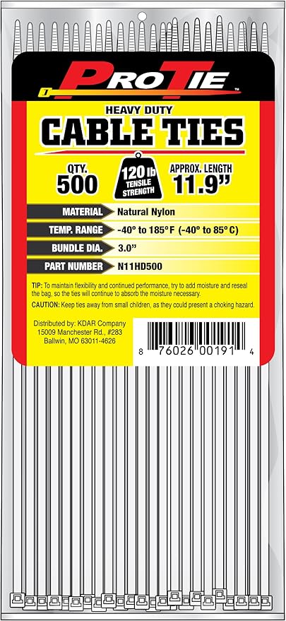 Pro Tie Heavy Duty Cable Ties, Self-Locking Nylon Cable Wire Ties for Indoor and Outdoor Use | 11.9-Inch, 120 lbs. Tensile Strength, Natural Nylon, 500-Pack (PN: N11HD500)