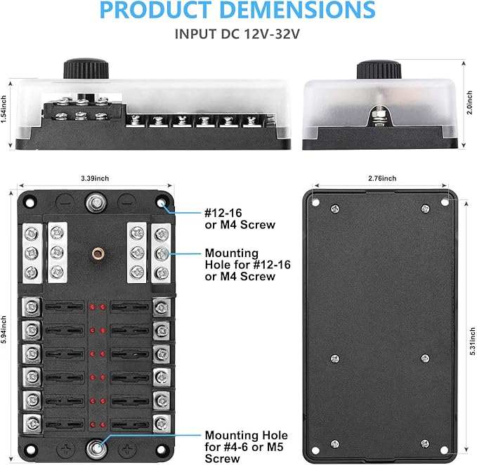 12 Way 12V Fuse Box 12Volt Blade Fuse Block Holder, 12 Circuit W/Negative Bus Waterproof Fuse Box with LED Indicator for 12V/24V Automotive Golf Cart Truck Car Boat Marine RV Van Vehicle