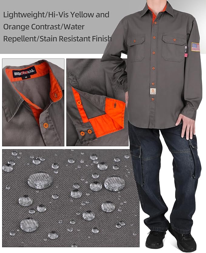 BOCOMAL FR Shirts for Men Flame Resistant Light Weight NFPA2112 Fire Retardant Welding Shirt Water & Oil Repellent Finish