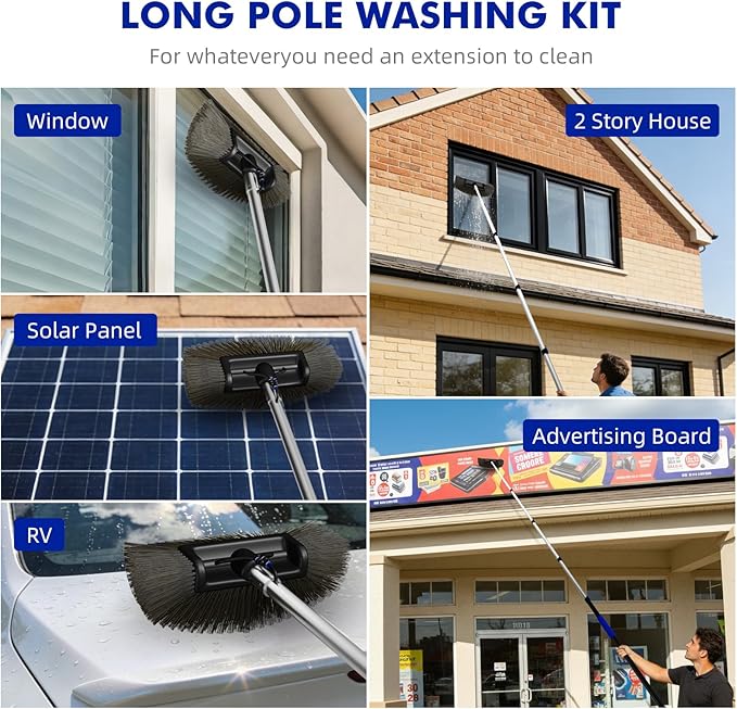 20FT Solar Panel Cleaning Brush and Pole, Cleaning Kit with 5-20FT Telescopic Pole, Accompanied by an Extension Pole and Soap Dispenser, Ideal for Snow Removal, Windows, Boats, RVs, Decks