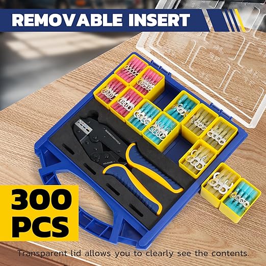 haisstronica 300PCS Heat Shrink Wire Connectors Set, 22-10AWG Marine Grade Heat Shrink Ring Connectors with 9" Crimping Tool and Organizer (3Color/12Size)