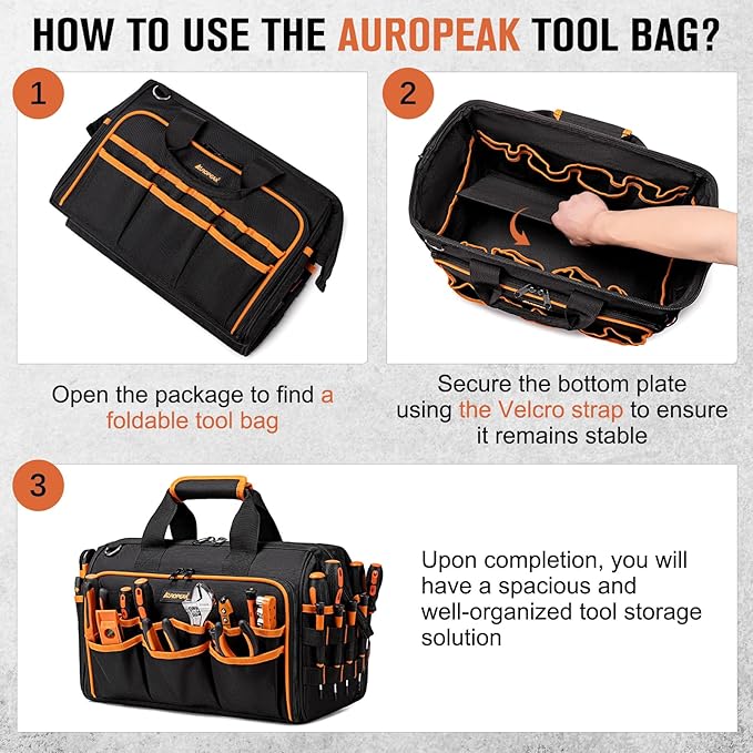 17-Inch Electrician Tool Bags for Men, 46-Pocket Heavy Duty Tool Bag, Foldable Hvac Tool Bag Organizer with Wide Mouth & Adjustable Shoulder Strap for Electricians Mechanics Craftsman Contractor