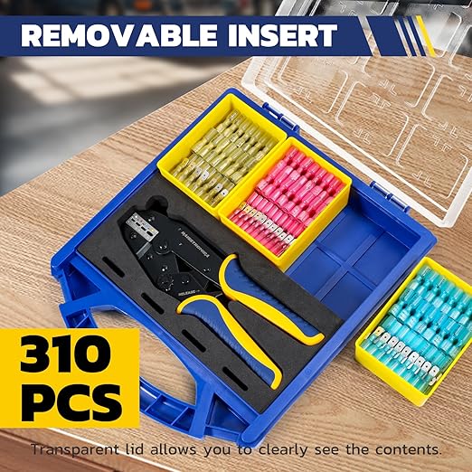 haisstronica 310PCS Heat Shrink Wire Connectors Set, 22-10AWG Marine Grade Heat Shrink Spade Connectors with 9" Crimping Tool and Organizer (3Color/6Size)