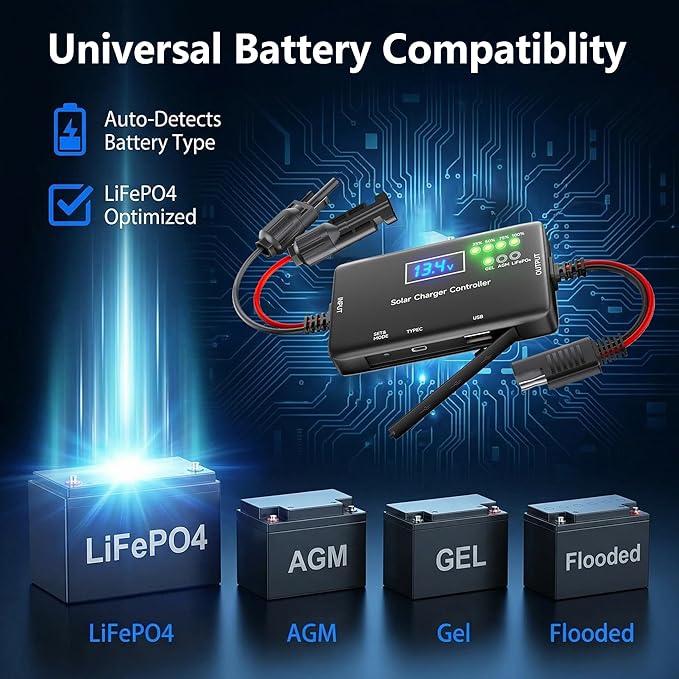 12V 20A PWM Solar Charge Controller with Type-C/USB Output, Compatible with LiFePO4/AGM/Gel Batteries, Zero Drain Tech, Overload & Overheating Protection for Solar Power System