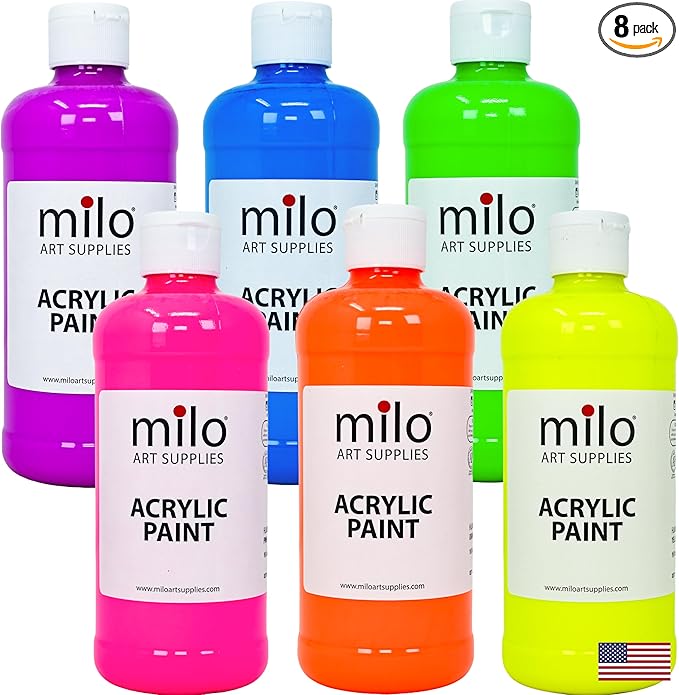 milo Fluorescent Acrylic Paint Set of 6 Colors | 16 oz Bottles | Student Neon Colors Acrylics Painting Pack | Glows UV in Black Light | Non-Toxic Art & Craft Paints for Artists & Hobby Painters | Made in USA