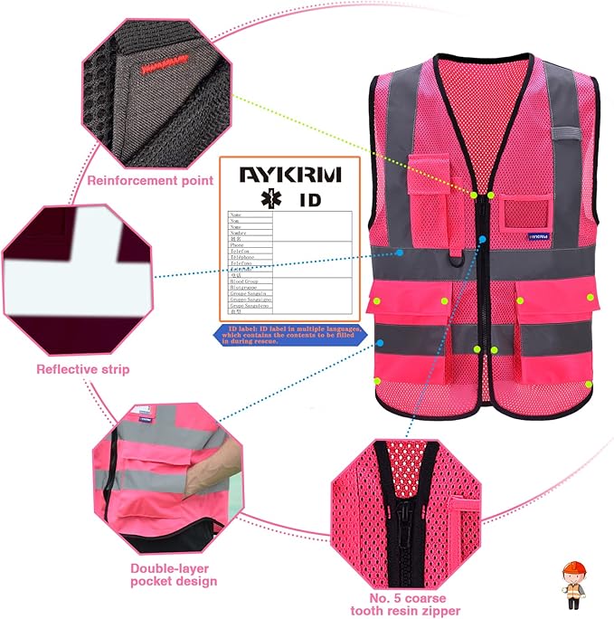 A-SAFETY High Visibility Mesh Safety Reflective Vest with Pockets and Zipper,Hi Viz Work Vest for Men Women (Pink Mesh L)