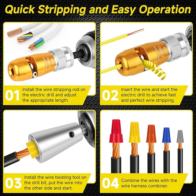 Makerfire Wire Stripper for Drill (US Regulations 14-12-10-8-6 AWG), Wire Twister tool for Drill, Drill Wire Stripper and Twister kit, Professional Electrician Tools Set(15pcs)