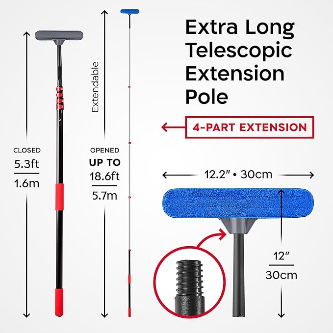 Tyroler Professional Window Squeegee with Extension Pole | 5.3-18.6ft Squeegee for Windows Cleaning | Outdoor Window Cleaner Tool, Windows Washing Kit with Extension Pole | Window Cleaning Kit