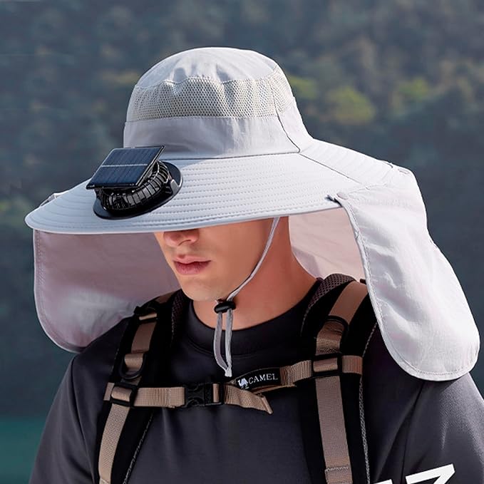 Extra Wide Brim Solar Fan Hat, Mens Fishing Hat with Fan, Neck Flap Sun Hat, UPF 50+ Solar Powered Cooling Cap Fisherman Hats