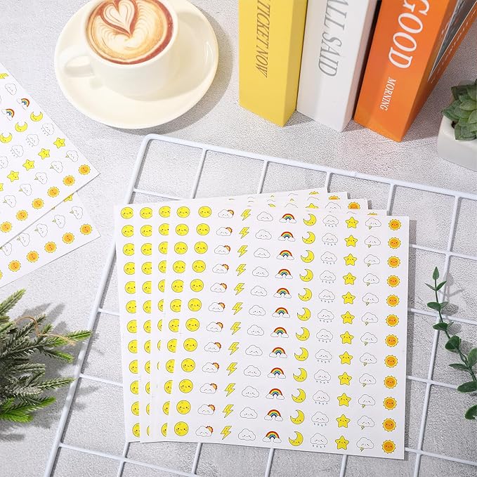 JarThenaAMCS 2400Pcs Mini Weather Sticker Cute Smile Face Paper Decals 10 Designs Self-Adhesive Stickers for Envelopes Scrapbook Gifts DIY Supplies, 0.5 in