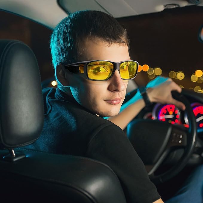 URUMQI Night Vision Driving Glasses Fit Over Eyeglasses for Men Women, Anti Glare Polarized Nighttime Glasses Yellow Lens